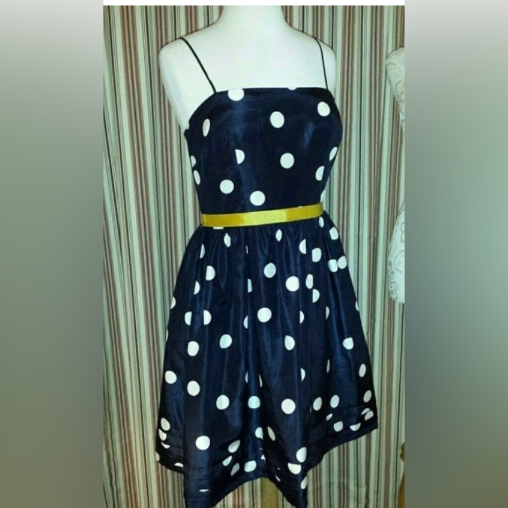 Navy blue Polka Dot Dress with Yellow Accent
